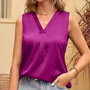 VEZFAA женские модные повседневные летние однотонные блузки и рубашки без рукавов с v-образным вырезом и принтом