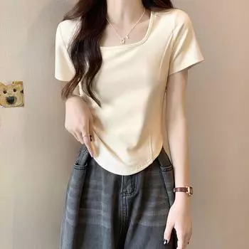 VEZFAA женские модные повседневные летние однотонные блузки и рубашки с короткими рукавами и квадратным воротником с принтом