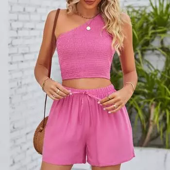 VEZFAA женские модные повседневные летние однотонные шорты без рукавов с принтом, костюмы