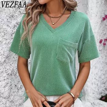 VEZFAA женские модные повседневные летние весенние блузки и рубашки с короткими рукавами и v-образным вырезом в полоску с принтом S зелёный