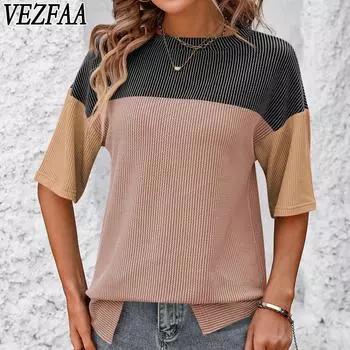 VEZFAA женские модные повседневные летние весенние блузки и рубашки с короткими рукавами и круглым вырезом с цветным принтом S чёрный