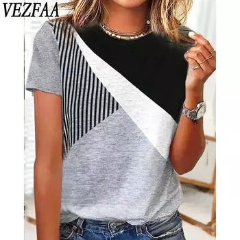 VEZFAA женские модные повседневные летние весенние блузки и рубашки с короткими рукавами и круглым вырезом с цветным принтом S серый