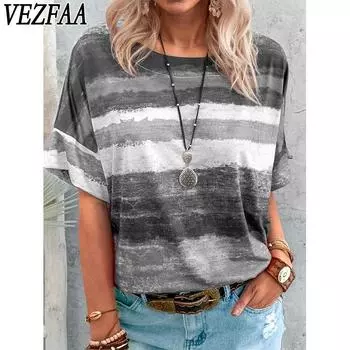 VEZFAA женские модные повседневные летние весенние блузки и рубашки с короткими рукавами и круглым вырезом с цветным принтом S серый