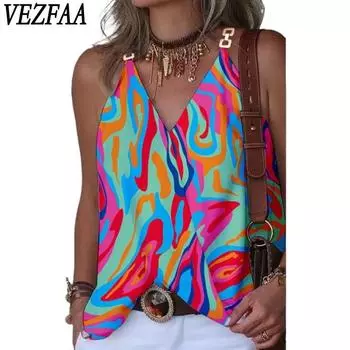 VEZFAA женские модные повседневные летние весенние блузки и рубашки без рукавов с v-образным вырезом
