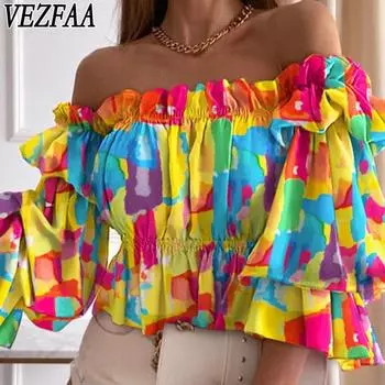 VEZFAA Женская мода Повседневная Летняя Весна Короткие рукава Одно Плечо Блузки и Рубашки S белый