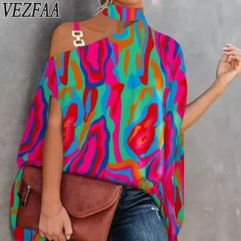 VEZFAA женские модные повседневные летние весенние блузки и рубашки с короткими рукавами и воротником-стойкой с геометрическим принтом
