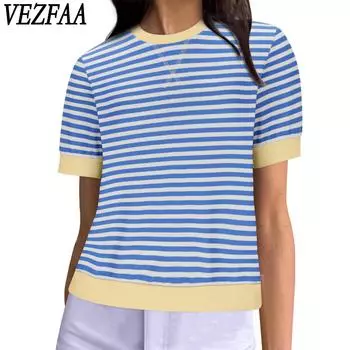 VEZFAA женские модные повседневные летние весенние блузки и рубашки с коротким рукавом и круглым вырезом в полоску с принтом S