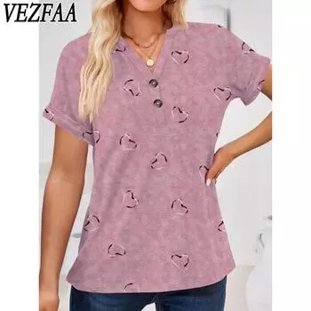 VEZFAA Женские модные повседневные летние весенние блузки и рубашки с короткими рукавами и v-образным вырезом с принтом Love S белый