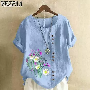 VEZFAA Женские модные повседневные летние весенние блузки и рубашки с цветочным узором и коротким рукавом с круглым вырезом S