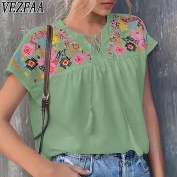 VEZFAA Женские модные повседневные летние весенние блузки и рубашки с цветочным узором и коротким рукавом с круглым вырезом S белый
