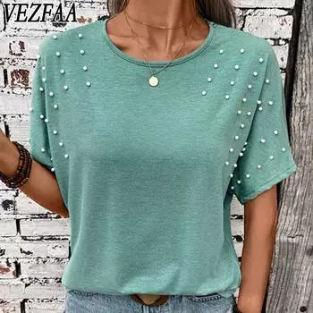 VEZFAA Женские модные повседневные летние весенние блузки и рубашки в горошек с короткими рукавами и круглым вырезом S зелёный