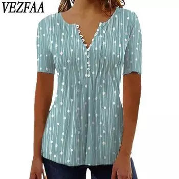 VEZFAA Женские модные повседневные летние весенние блузки и рубашки в горошек с короткими рукавами и v-образным вырезом S серый