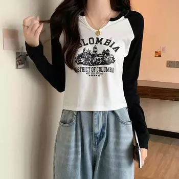 VEZFAA женские модные повседневные летние весенние блузки и рубашки с буквенным принтом и длинными рукавами, u-образным вырезом