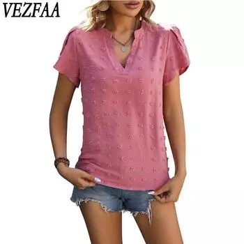 VEZFAA женские модные повседневные летние весенние однотонные блузки и рубашки с v-образным вырезом и короткими рукавами с принтом S серо голубой