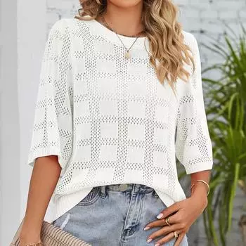 VEZFAA женские модные повседневные летние весенние однотонные блузки и рубашки с круглым вырезом и рукавами 1/2 с принтом