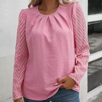 VEZFAA женские модные повседневные летние весенние однотонные блузки и рубашки с круглым вырезом и длинными рукавами с принтом