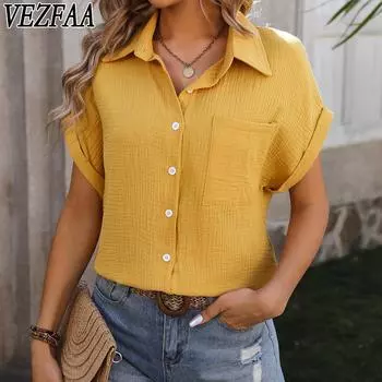 VEZFAA женские модные повседневные летние весенние однотонные рубашки-поло с короткими рукавами и принтом, блузки и рубашки S белый