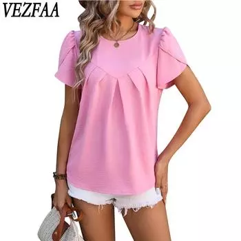 VEZFAA женские модные повседневные летние весенние однотонные блузки и рубашки с короткими рукавами и круглым вырезом с принтом S розовый