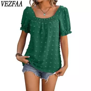 VEZFAA женские модные повседневные летние весенние однотонные блузки и рубашки с короткими рукавами и квадратным воротником с принтом S зелёный
