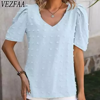 VEZFAA женские модные повседневные летние весенние однотонные блузки и рубашки с v-образным вырезом и короткими рукавами с принтом S чёрный