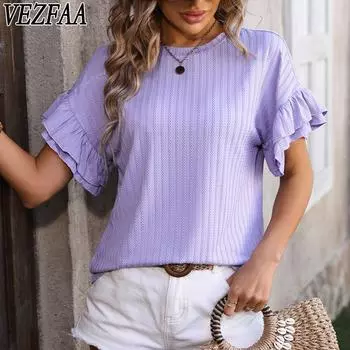 VEZFAA женские модные повседневные летние весенние однотонные блузки и рубашки с короткими рукавами и круглым вырезом с принтом S белый