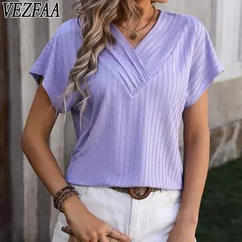 VEZFAA женские модные повседневные летние весенние однотонные блузки и рубашки с v-образным вырезом и короткими рукавами с принтом S чёрный