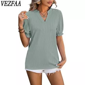 VEZFAA женские модные повседневные летние весенние однотонные блузки и рубашки с v-образным вырезом и короткими рукавами с принтом S фиолетовый