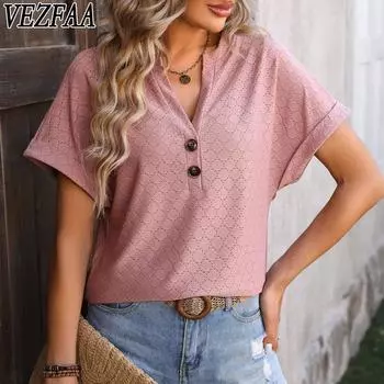 VEZFAA женские модные повседневные летние весенние однотонные блузки и рубашки с v-образным вырезом и короткими рукавами с принтом S светло-розовый
