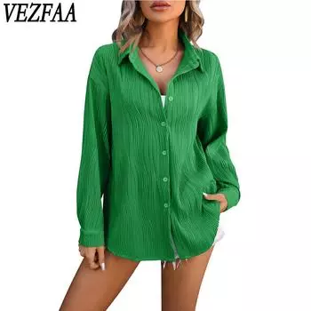 VEZFAA женские модные повседневные летние весенние однотонные рубашки-поло с длинными рукавами и принтом, блузки и рубашки S чёрный