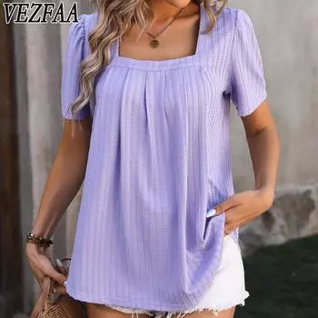 VEZFAA женские модные повседневные летние весенние однотонные блузки и рубашки с короткими рукавами и квадратным воротником с принтом S чёрный