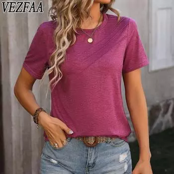 VEZFAA женские модные повседневные летние весенние однотонные блузки и рубашки с короткими рукавами и круглым вырезом с принтом S зелёный