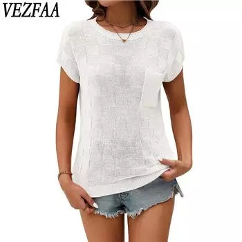 VEZFAA женские модные повседневные летние весенние однотонные блузки и рубашки с короткими рукавами и круглым вырезом с принтом S белый