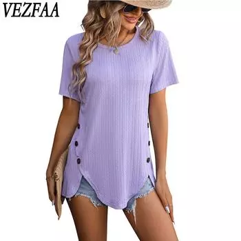 VEZFAA женские модные повседневные летние весенние однотонные блузки и рубашки с короткими рукавами и круглым вырезом с принтом S фиолетовый