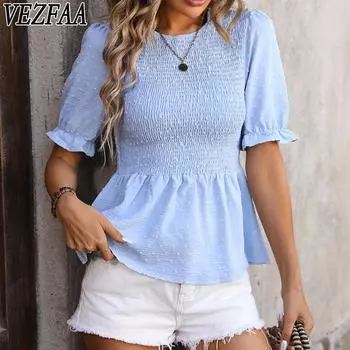 VEZFAA женские модные повседневные летние весенние однотонные блузки и рубашки с круглым вырезом и рукавами 1/2 с принтом S армия зеленый