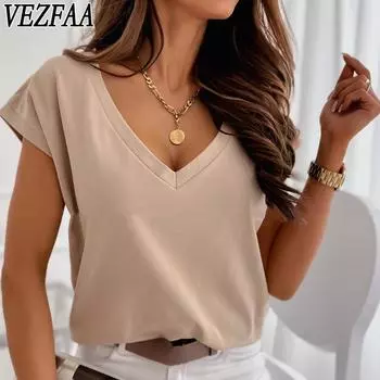 VEZFAA женские модные повседневные летние весенние однотонные блузки и рубашки с v-образным вырезом и короткими рукавами с принтом S красный