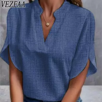 VEZFAA женские модные повседневные летние весенние однотонные блузки и рубашки с v-образным вырезом и короткими рукавами с принтом S чёрный