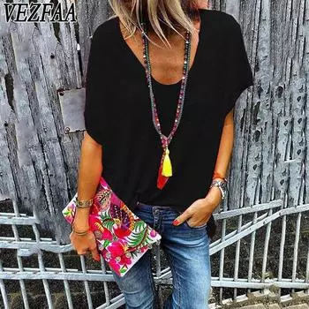 VEZFAA женские модные повседневные летние весенние однотонные блузки и рубашки с v-образным вырезом и короткими рукавами с принтом S чёрный