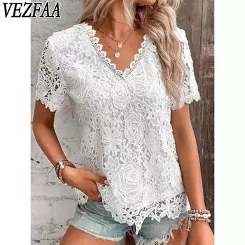 VEZFAA женские модные повседневные летние весенние однотонные блузки и рубашки с v-образным вырезом и короткими рукавами с принтом S синий