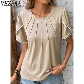 VEZFAA женские модные повседневные летние весенние однотонные блузки и рубашки с короткими рукавами и круглым вырезом с принтом S хаки