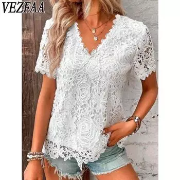 VEZFAA женские модные повседневные летние весенние однотонные блузки и рубашки с v-образным вырезом и короткими рукавами с принтом