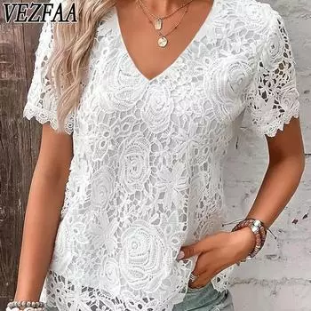 VEZFAA женские модные повседневные летние весенние однотонные блузки и рубашки с v-образным вырезом и короткими рукавами с принтом S белый