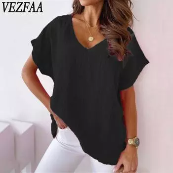 VEZFAA женские модные повседневные летние весенние однотонные блузки и рубашки с v-образным вырезом и короткими рукавами с принтом
