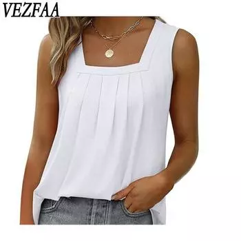 VEZFAA женские модные повседневные летние весенние однотонные блузки и рубашки с короткими рукавами и квадратным воротником с принтом S белый