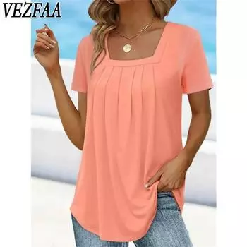 VEZFAA женские модные повседневные летние весенние однотонные блузки и рубашки с короткими рукавами и квадратным воротником с принтом S розовый