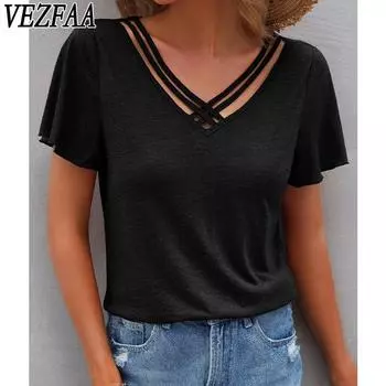 VEZFAA женские модные повседневные летние весенние однотонные блузки и рубашки с v-образным вырезом и короткими рукавами с принтом S чёрный