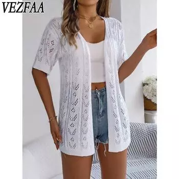 VEZFAA Женская мода Повседневная Летняя Весна Однотонные принты Короткие рукава Блузки и рубашки S белый