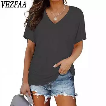 VEZFAA женские модные повседневные летние весенние однотонные блузки и рубашки с v-образным вырезом и короткими рукавами с принтом S чёрный