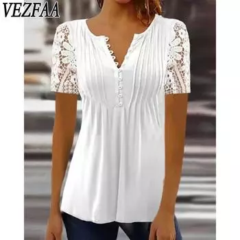 VEZFAA женские модные повседневные летние весенние однотонные блузки и рубашки с v-образным вырезом и короткими рукавами с принтом S белый