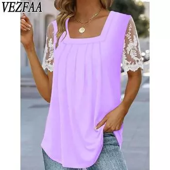 VEZFAA женские модные повседневные летние весенние однотонные блузки и рубашки с короткими рукавами и квадратным воротником с принтом S фиолетовый