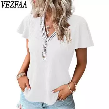 VEZFAA женские модные повседневные летние весенние однотонные блузки и рубашки с v-образным вырезом и короткими рукавами с принтом S белый